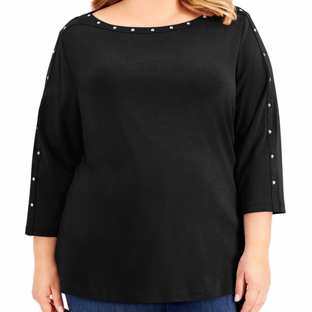Karen Scott Plus Size Studded Boat-Neck Top